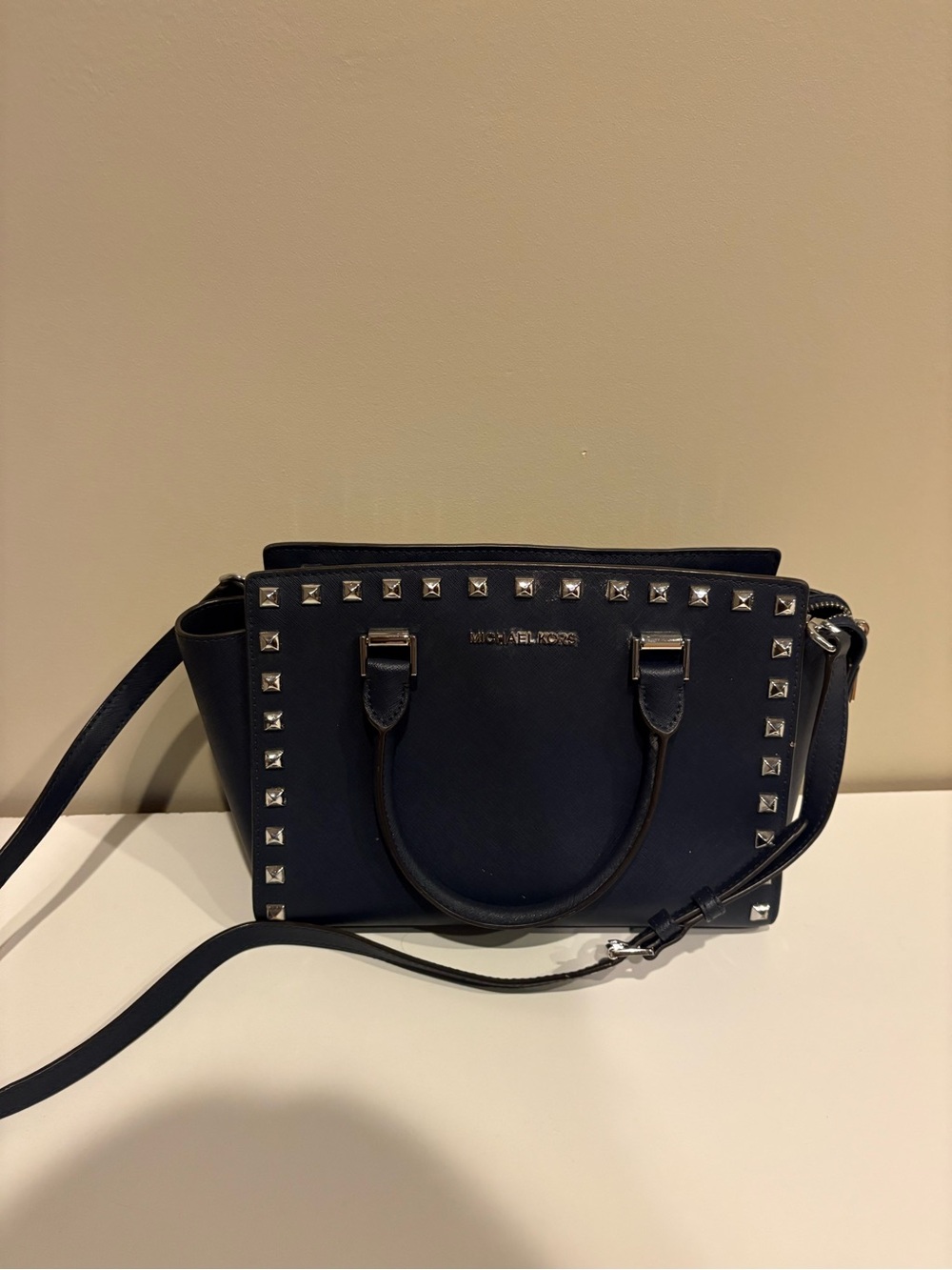 MICHAEL KORS Dark Blue Studded Saffiano Leather Satchel
